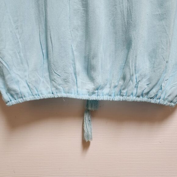 Beach By Exist Top Womens L Blue Crochet Lace V Neck 3/4 Sleeve Crop Elastic Hem - Picture 10 of 15